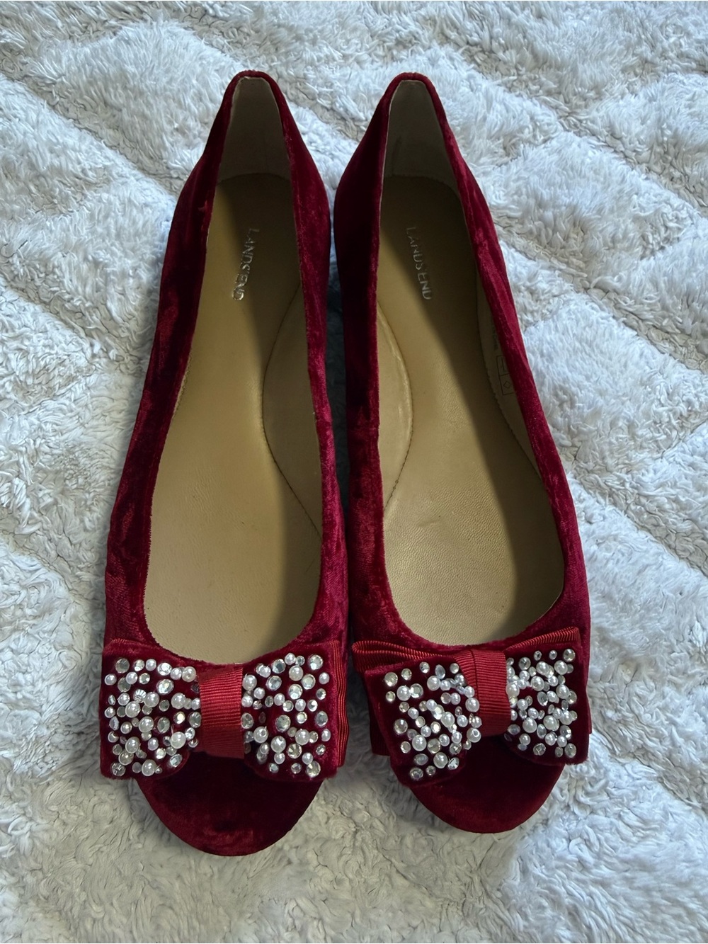 Lands' End Red Velvet Bow Flats with Crystal Accents